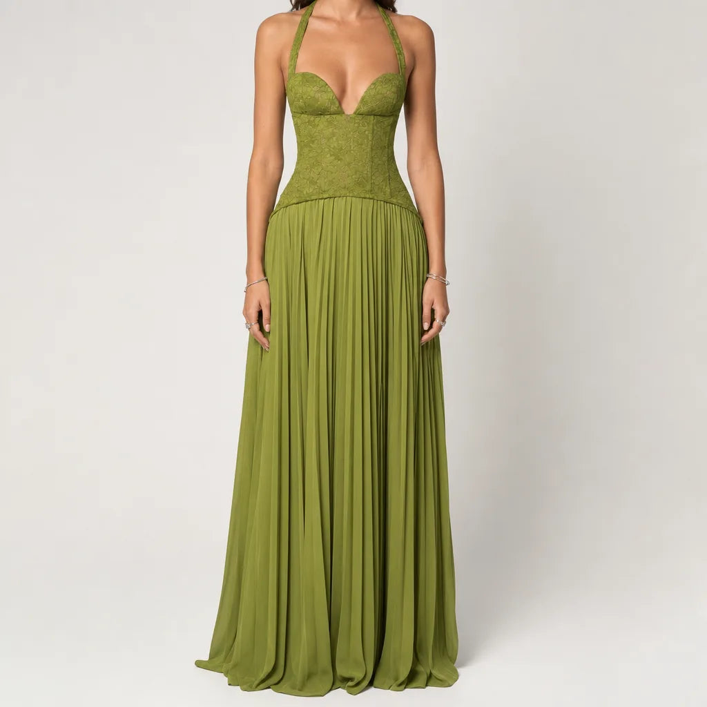 Women's Lace Halter Maxi Dress with Pleated Skirt