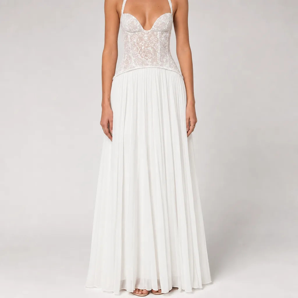 Women's Lace Halter Maxi Dress with Pleated Skirt