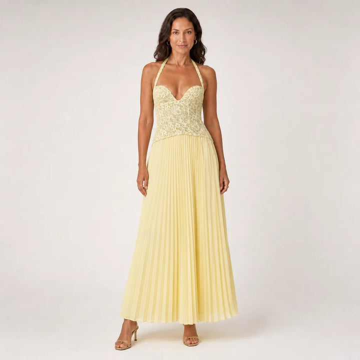 Women's Lace Halter Maxi Dress with Pleated Skirt