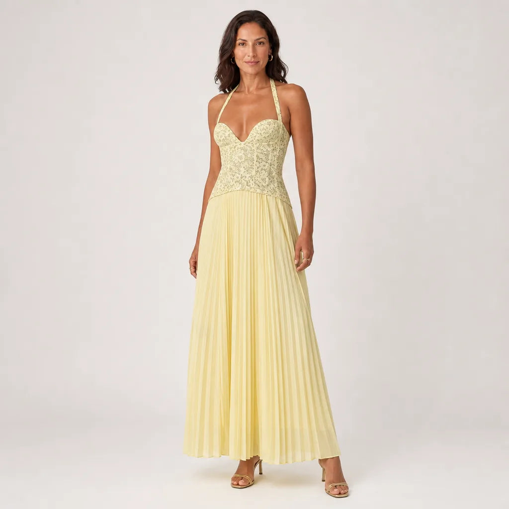 Women's Lace Halter Maxi Dress with Pleated Skirt