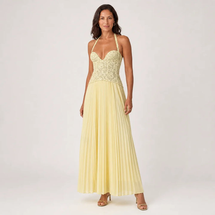 Women's Lace Halter Maxi Dress with Pleated Skirt