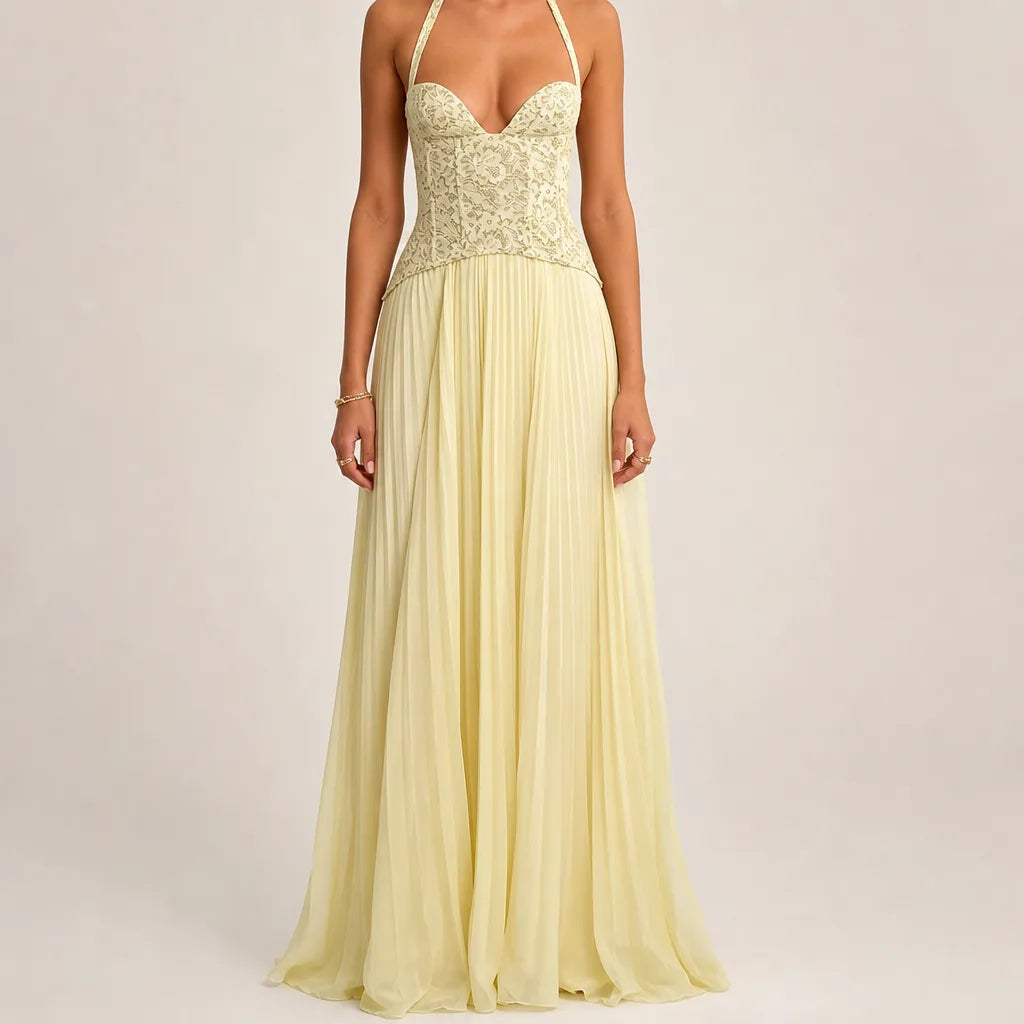 Women's Lace Halter Maxi Dress with Pleated Skirt
