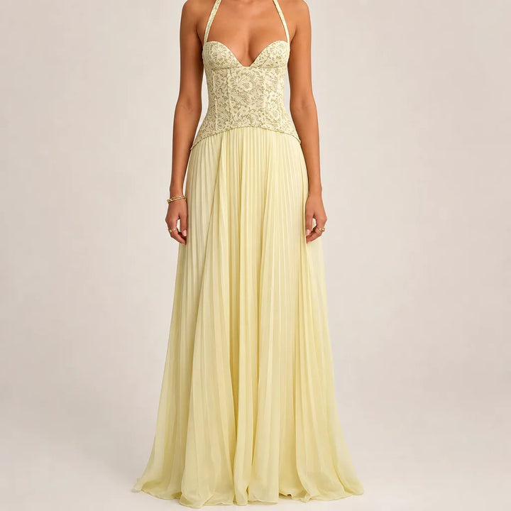 Women's Lace Halter Maxi Dress with Pleated Skirt