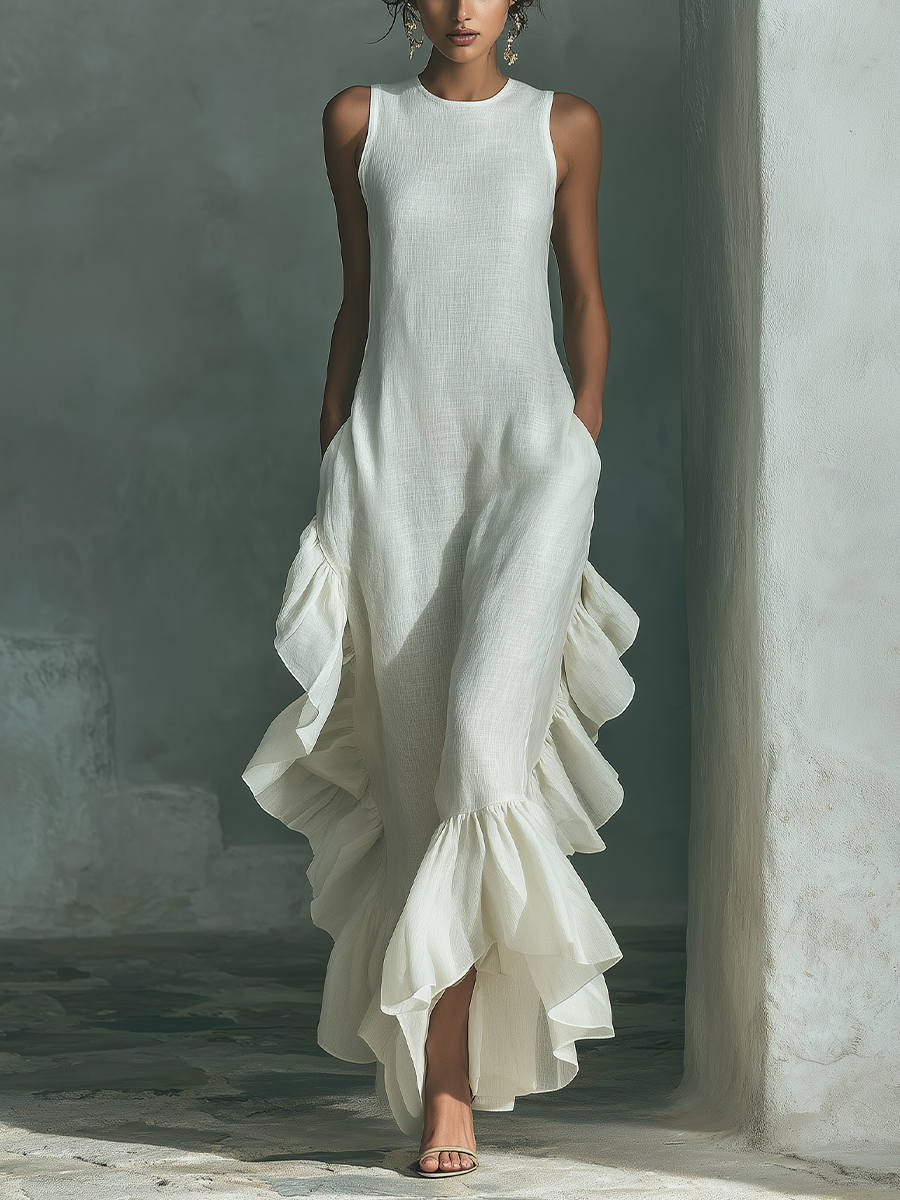Maxi Jurk Dames Linnen Ronde Hals Ruches Asymmetrisch