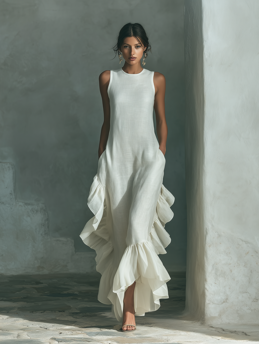 Women's Asymmetric Linen Maxi Dress - Round Neck Ruffle Summer Dress