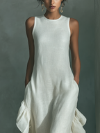 Maxi Jurk Dames Linnen Ronde Hals Ruches Asymmetrisch