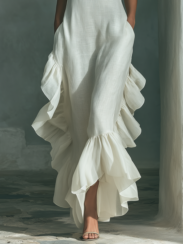 Women's Asymmetric Linen Maxi Dress - Round Neck Ruffle Summer Dress