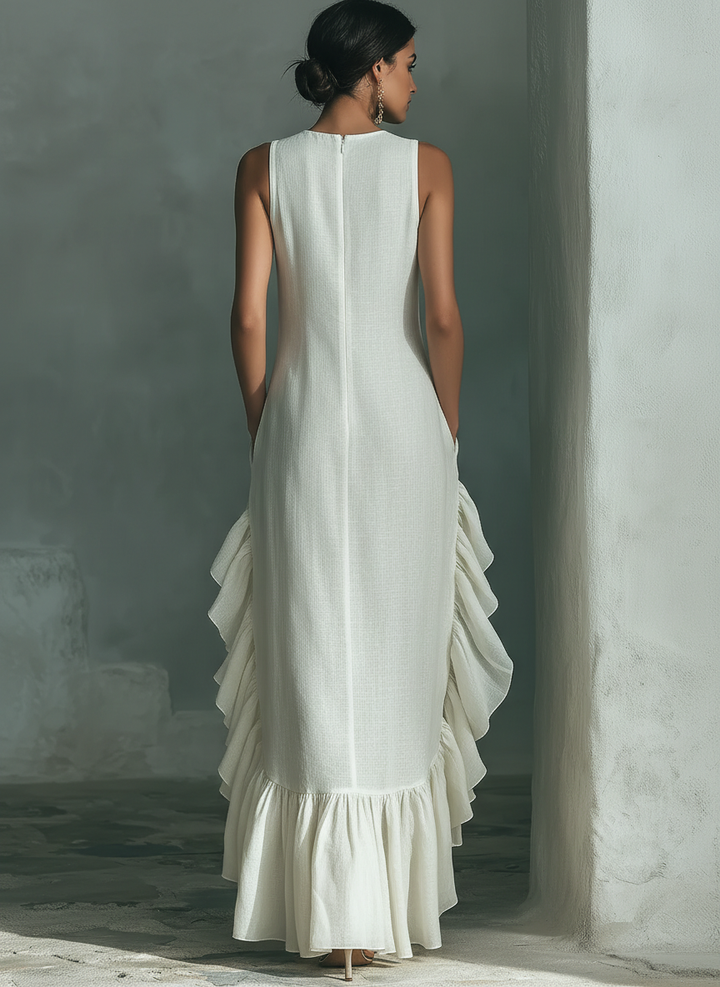 Women's Asymmetric Linen Maxi Dress - Round Neck Ruffle Summer Dress