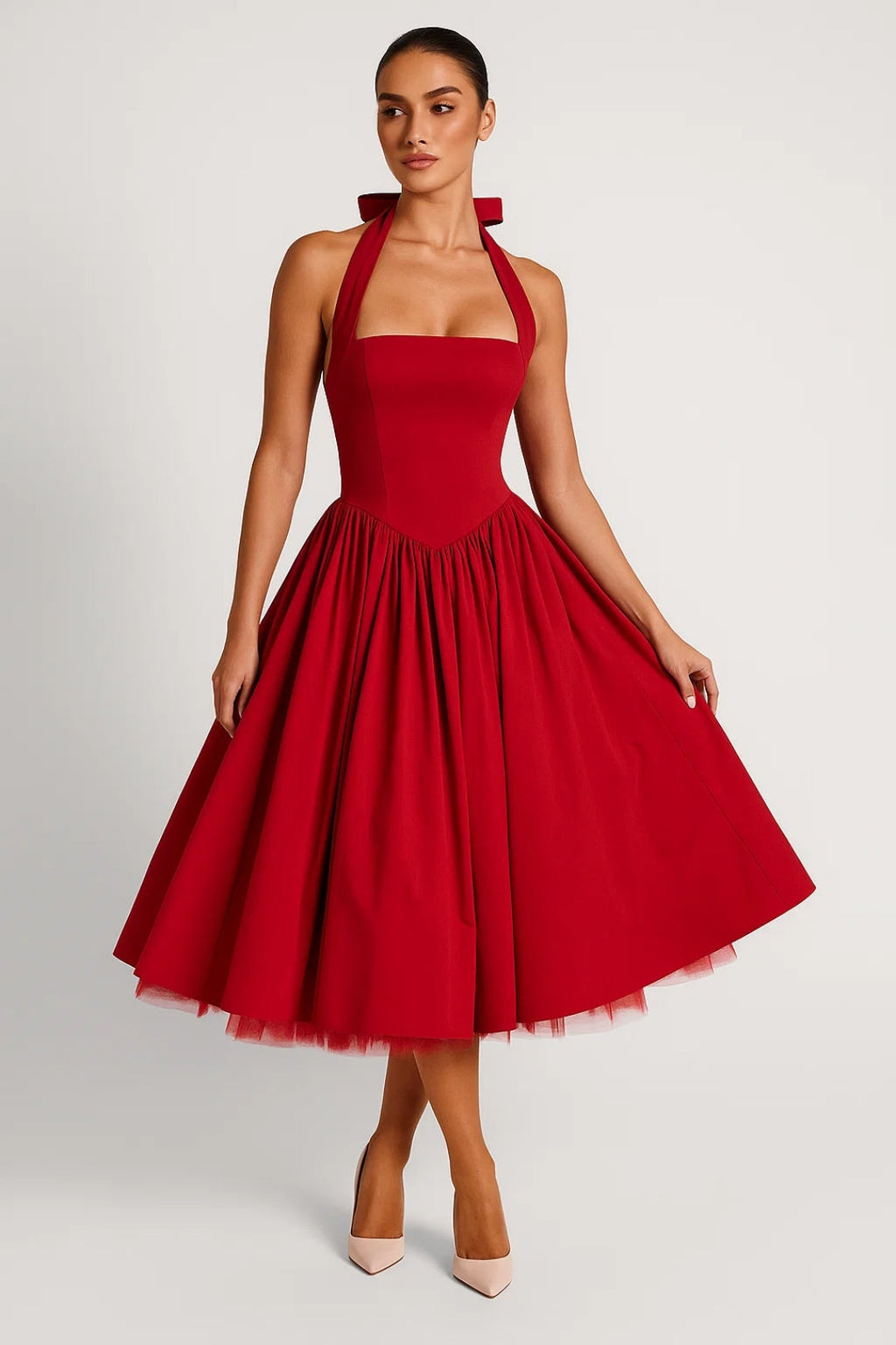 Midi Dress Women Halter Neck A-line Formal Party