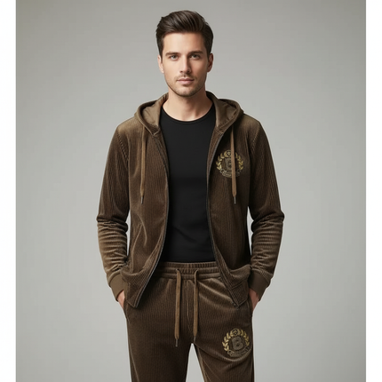 Men’s Gold Velvet Tracksuit – Hooded Zip Jacket & Joggers