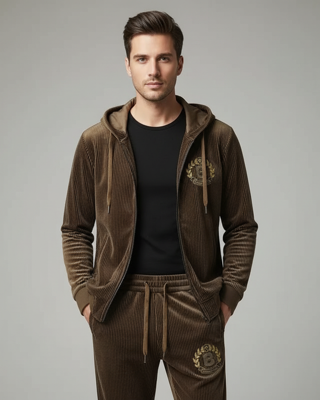 Men’s Gold Velvet Tracksuit – Hooded Zip Jacket & Joggers