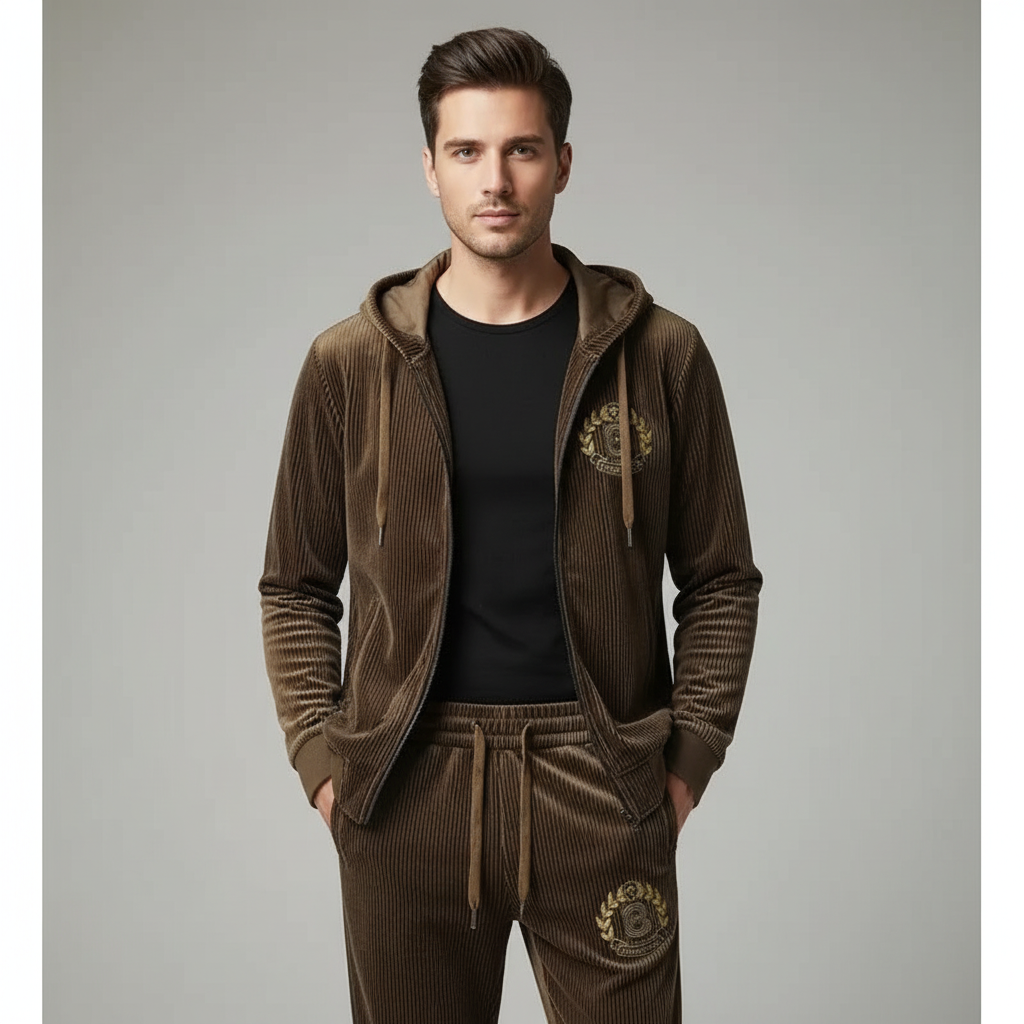 Men’s Gold Velvet Tracksuit – Hooded Zip Jacket & Joggers-HighTouch