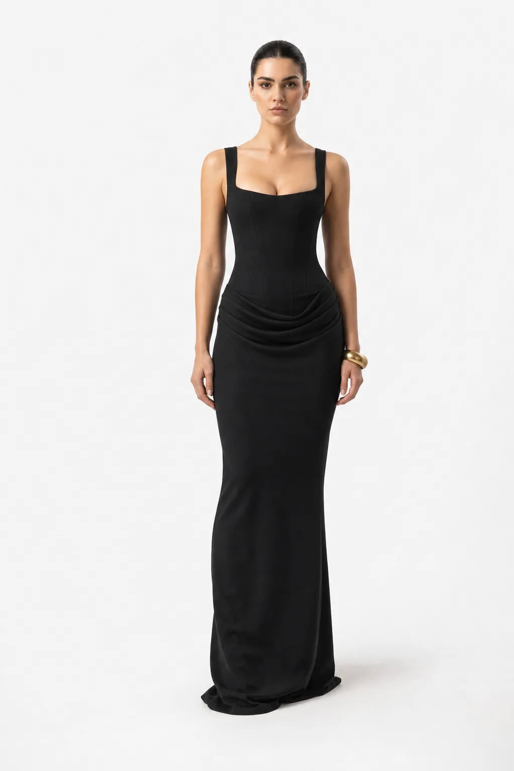 Nell Corset Draped Gown With Boned Bodice And Square Neck Straps