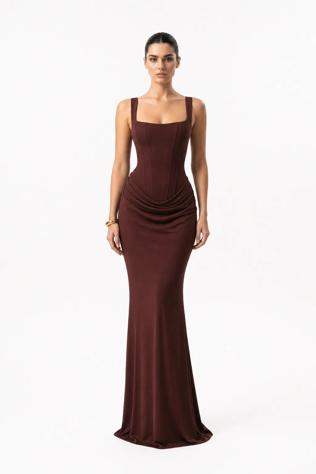 Nell Corset Draped Gown With Boned Bodice And Square Neck Straps