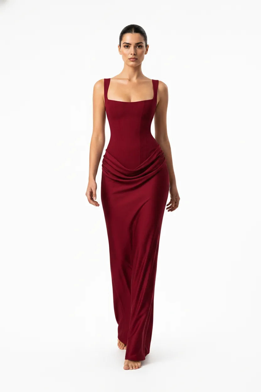 Nell Corset Draped Gown With Boned Bodice And Square Neck Straps
