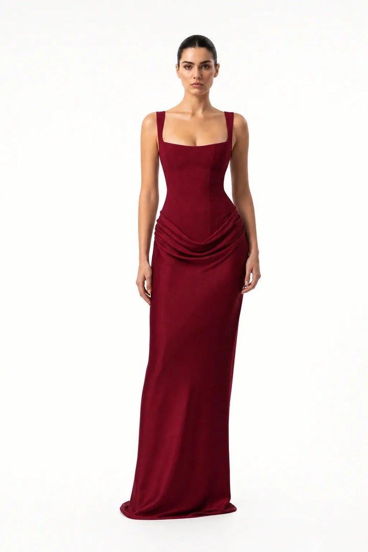 Nell Corset Draped Gown With Boned Bodice And Square Neck Straps