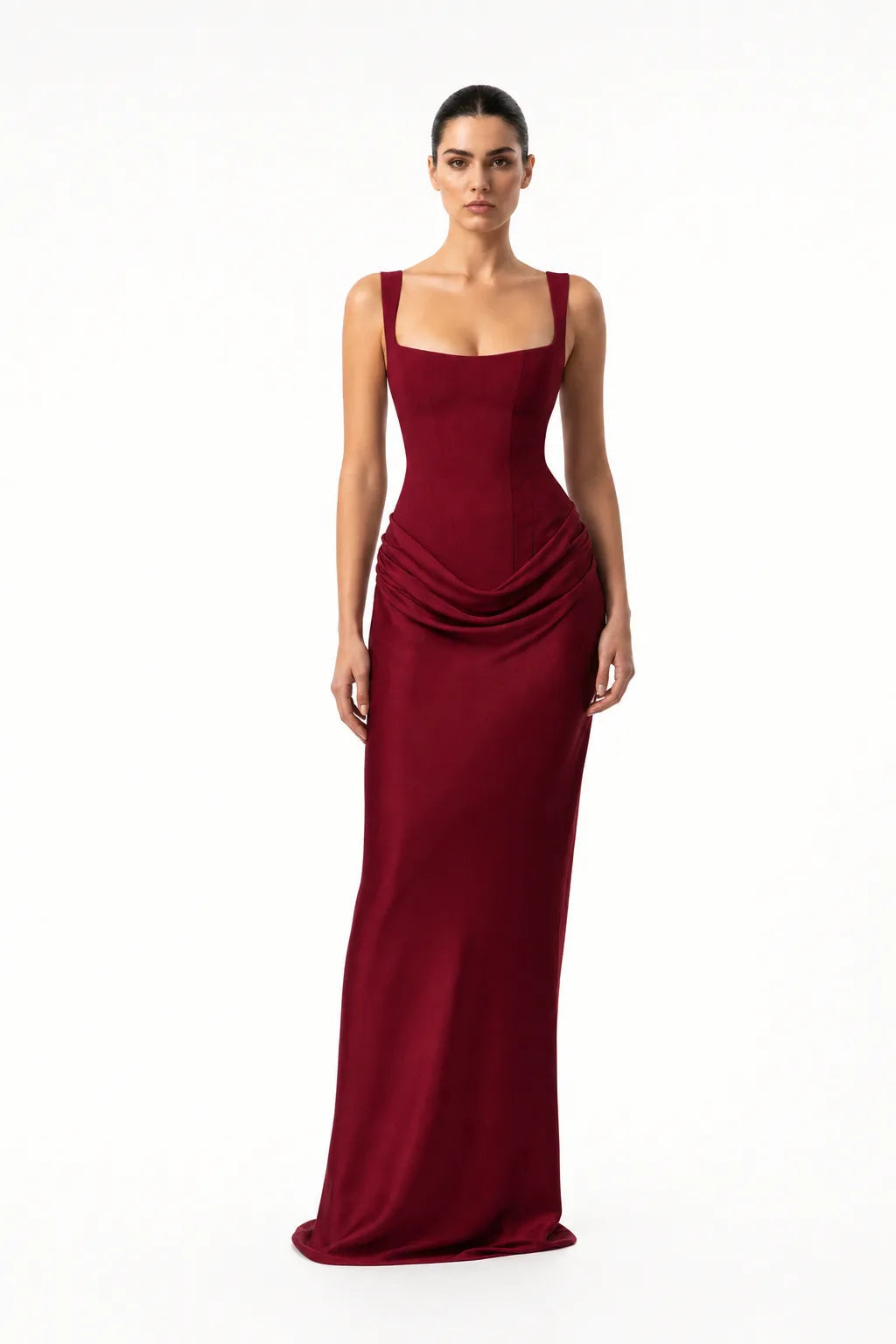 Nell Corset Draped Gown With Boned Bodice And Square Neck Straps – HighTouch