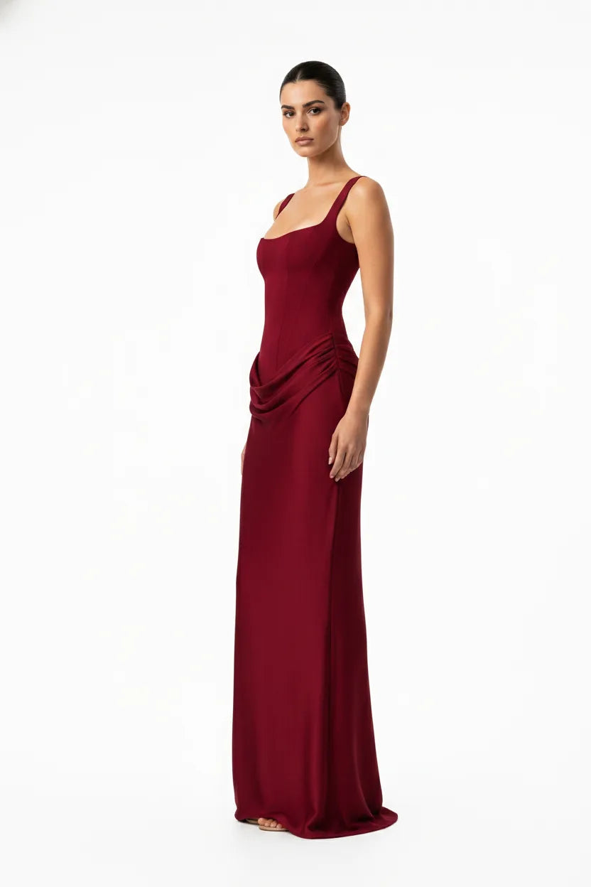 Nell Corset Draped Gown With Boned Bodice And Square Neck Straps