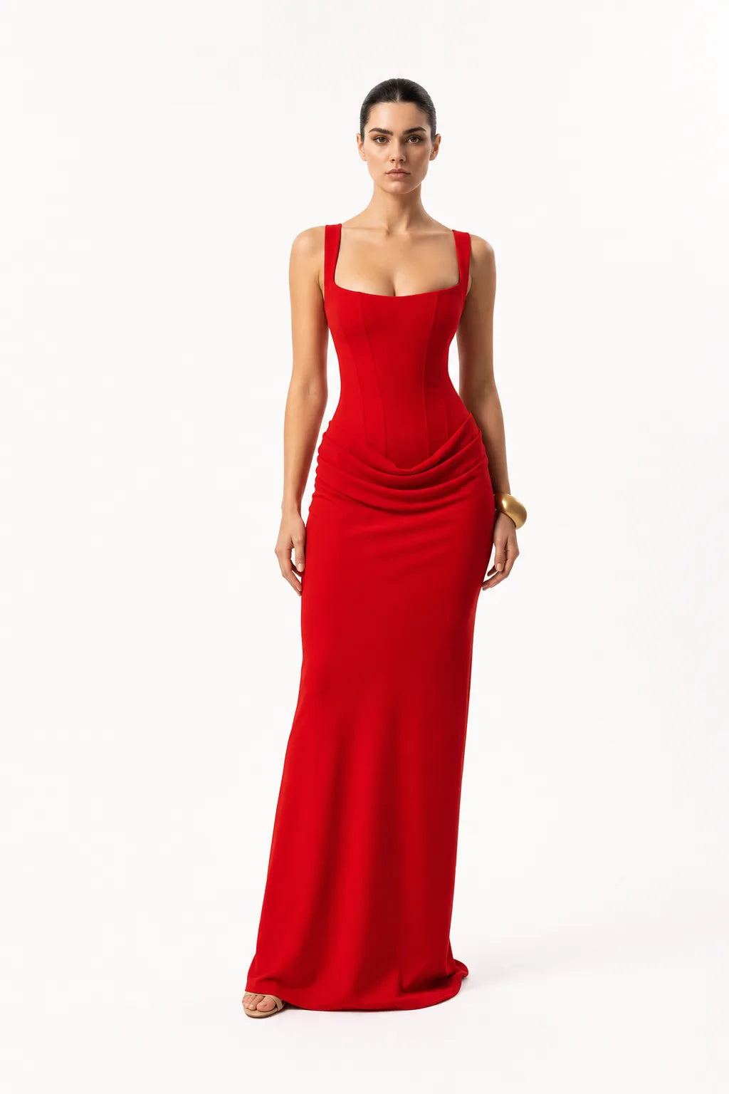 Nell Corset Draped Gown With Boned Bodice And Square Neck Straps