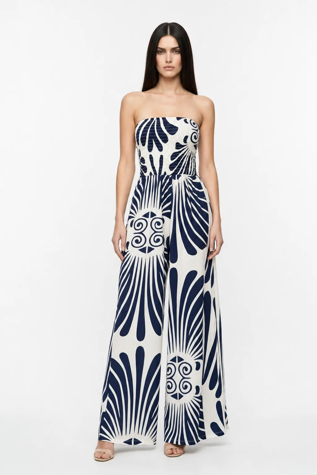 Nora Smocked Print Jumpsuit Strapless