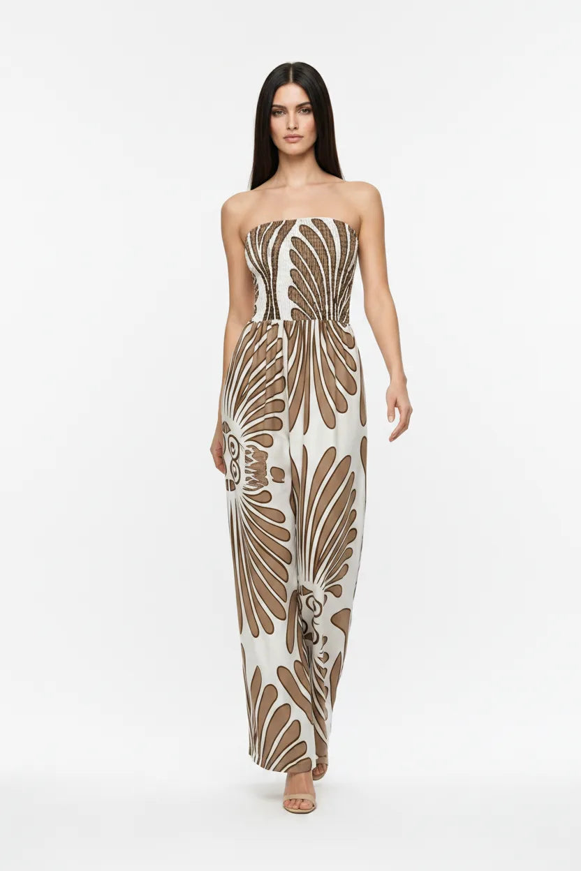 Nora Smocked Print Jumpsuit Strapless