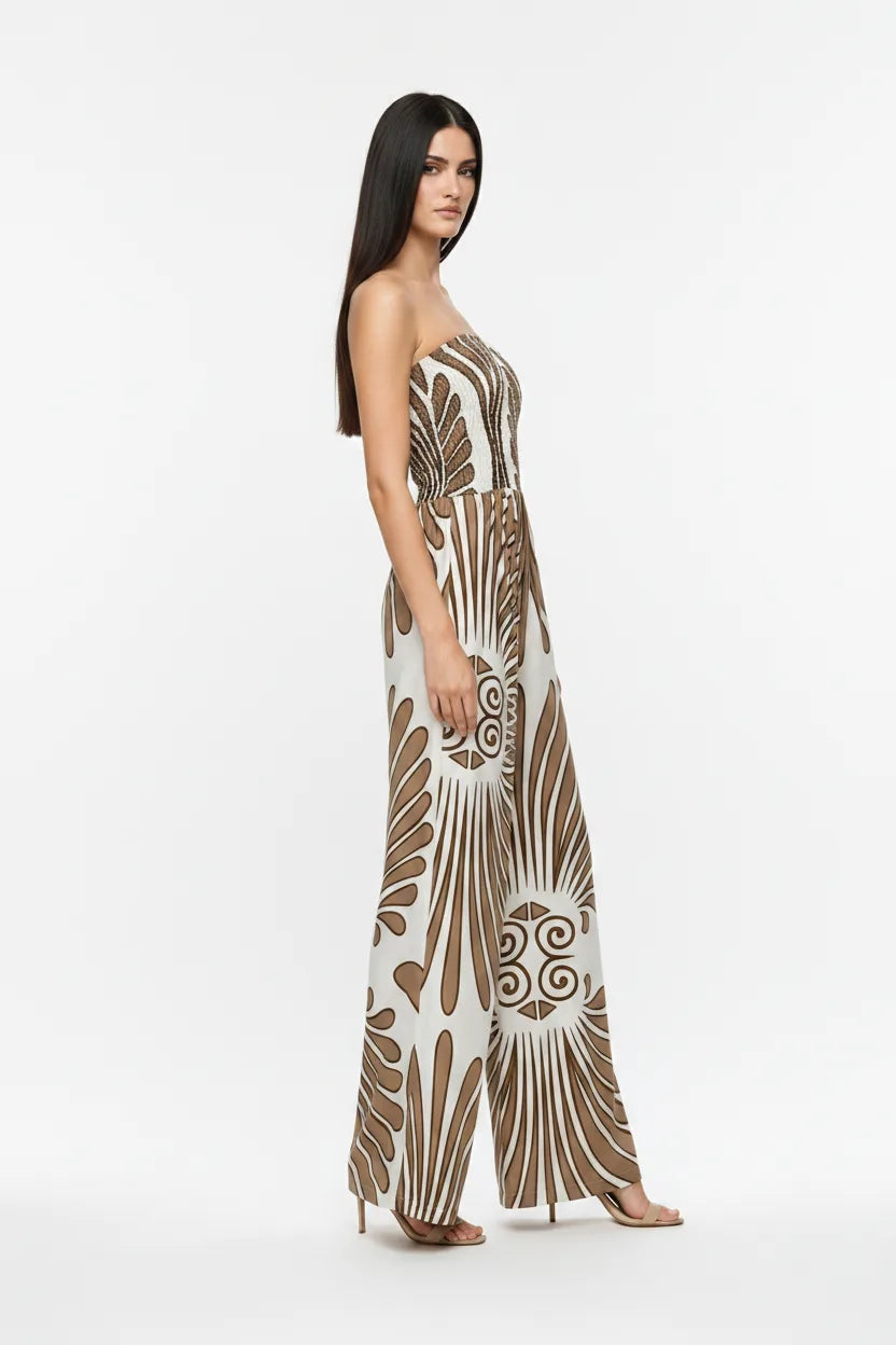 Nora Smocked Print Jumpsuit Strapless