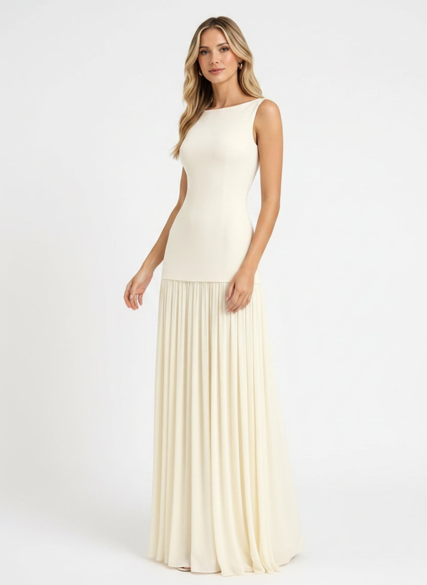 Nova Ruched Halter Maxi Chiffon Gown With High Slit