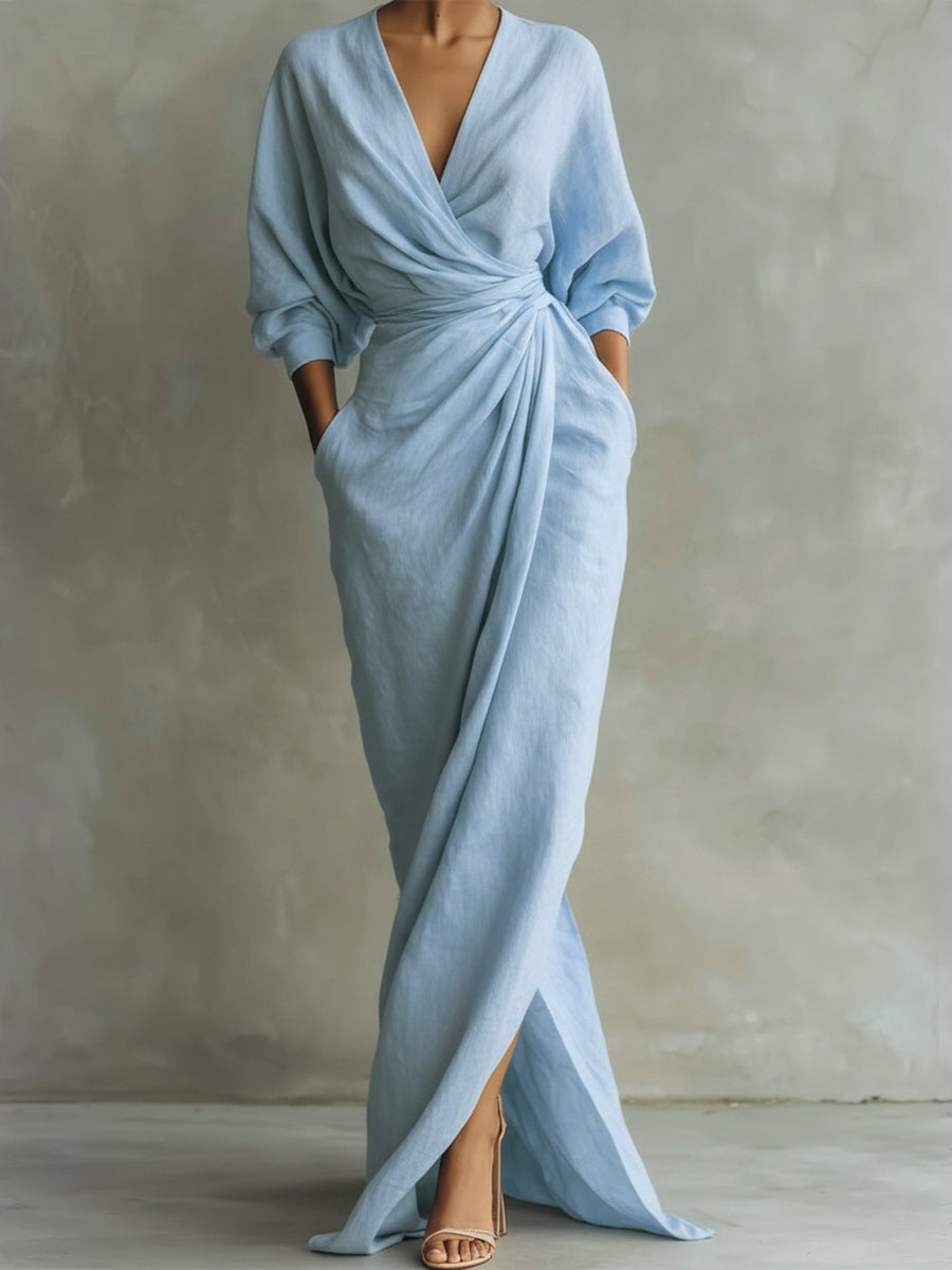Women's Maxi Dress V Neck Wrap Drape Evening Gown