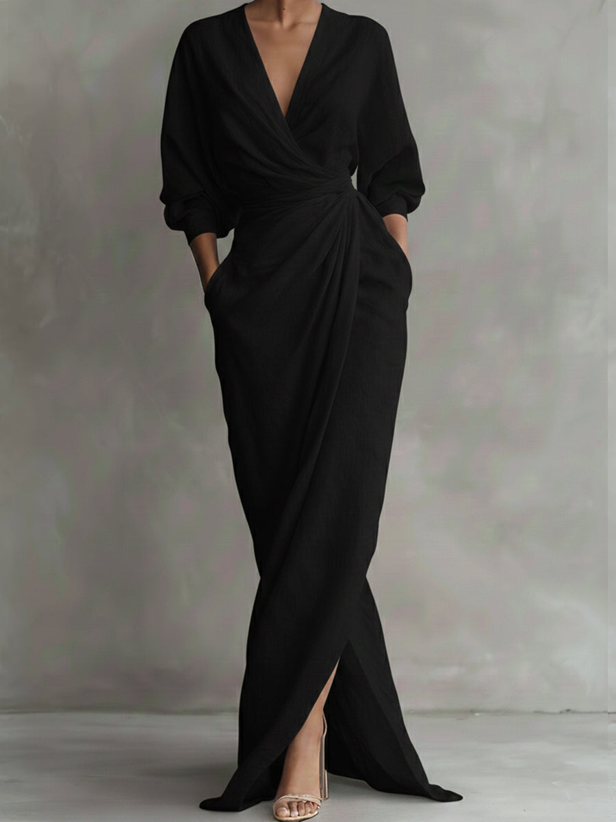 Women's Maxi Dress V Neck Wrap Drape Evening Gown