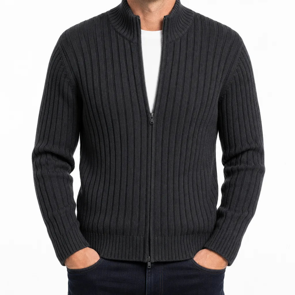 Men's Ribbed Zip Knit Cardigan Funnel Neck Jacket