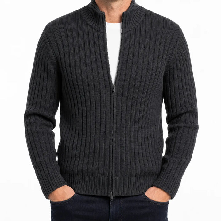Men's Ribbed Zip Knit Cardigan Funnel Neck Jacket