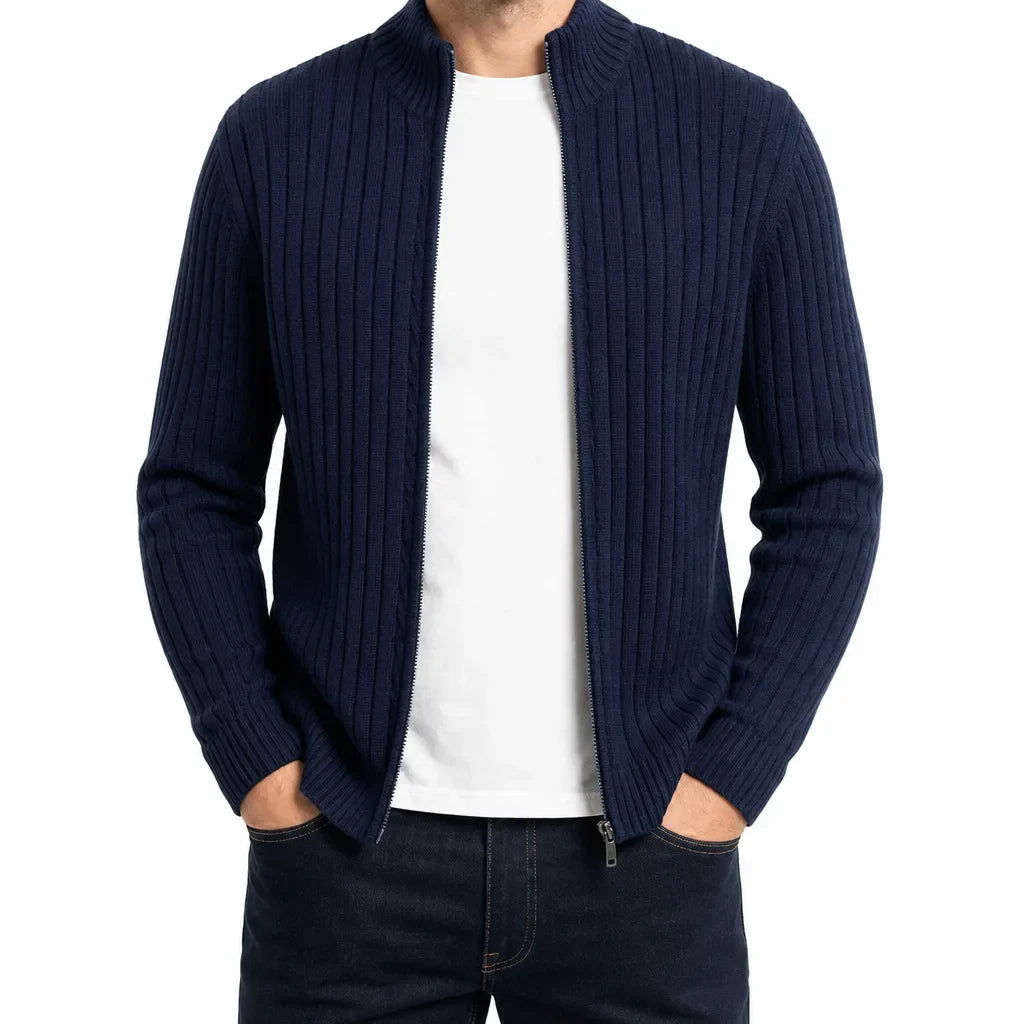 Men's Ribbed Zip Knit Cardigan Funnel Neck Jacket