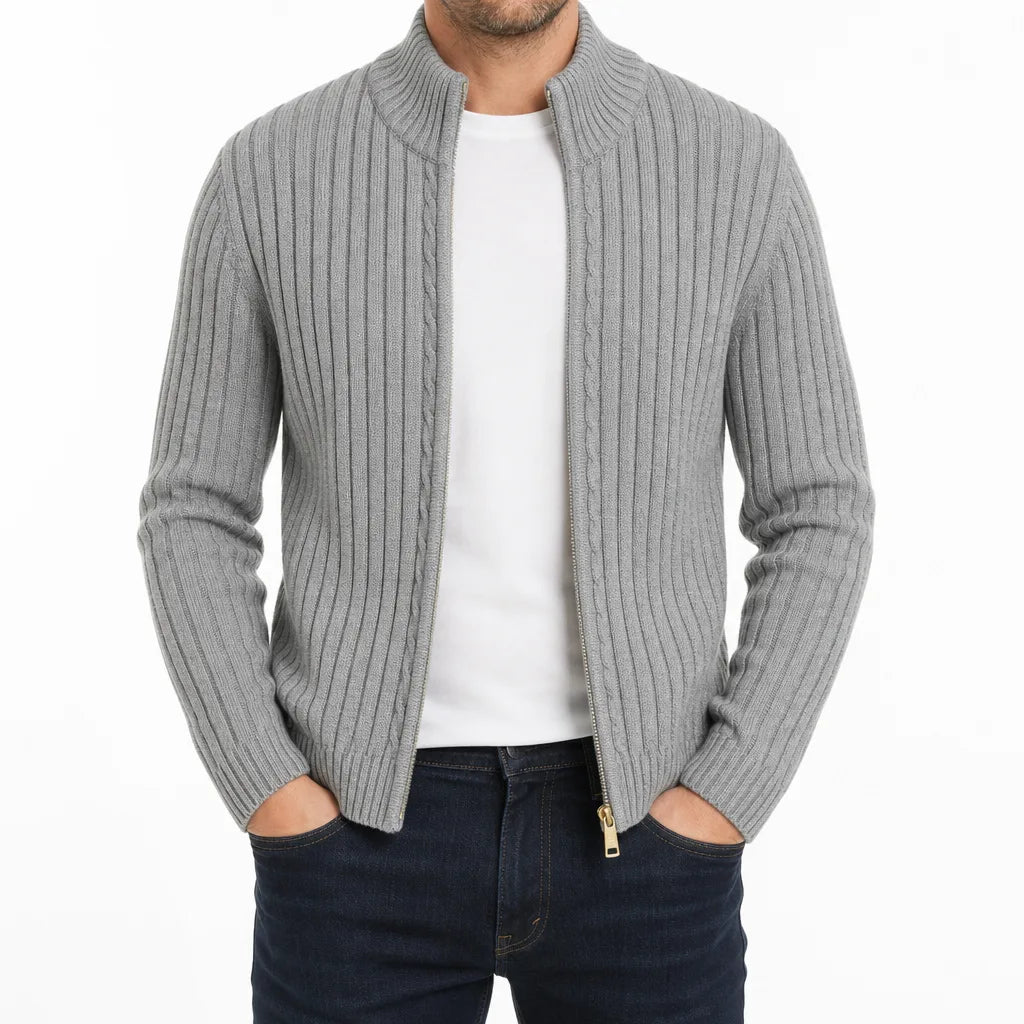 Men's Ribbed Zip Knit Cardigan Funnel Neck Jacket