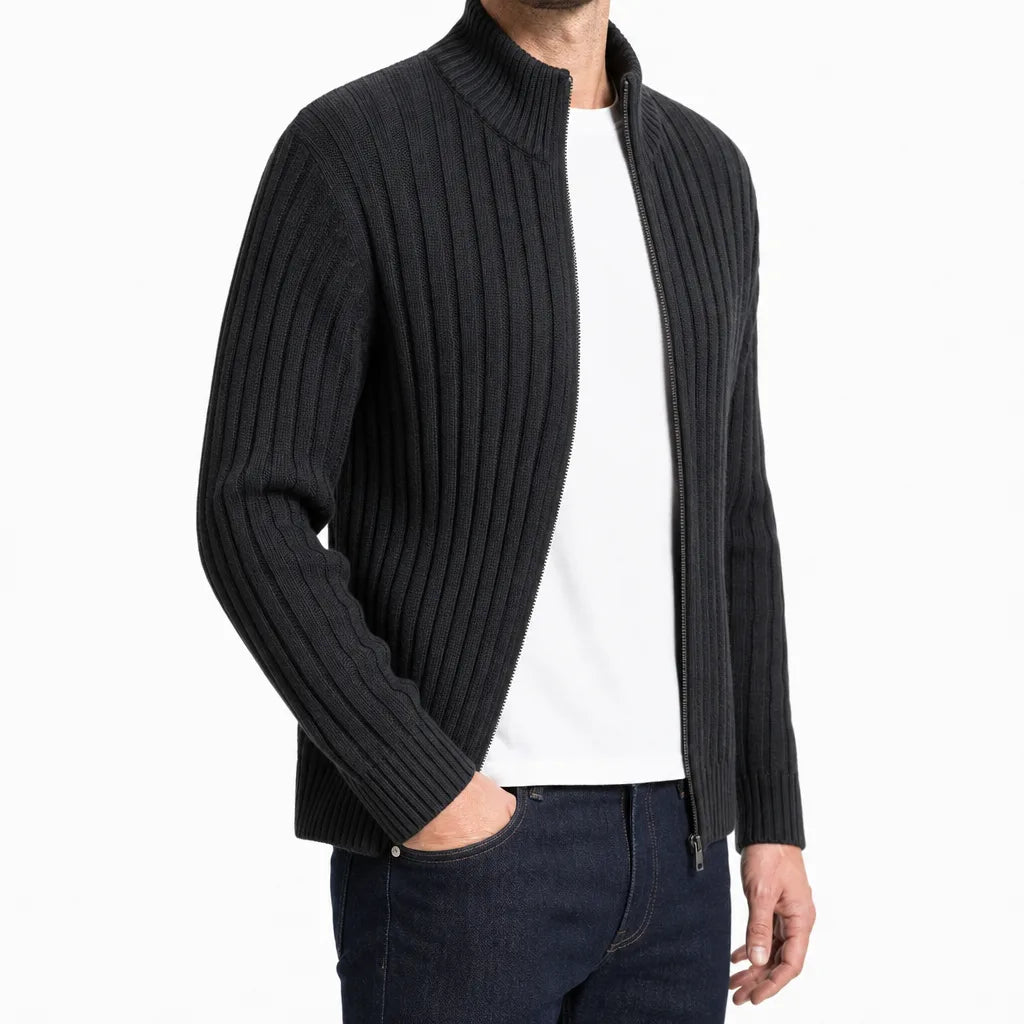 Men's Ribbed Zip Knit Cardigan Funnel Neck Jacket