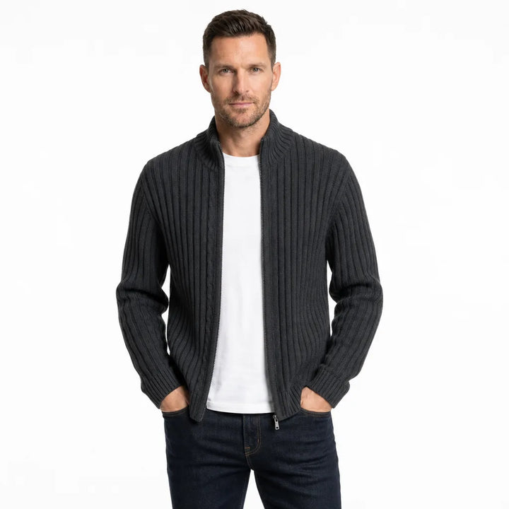 Men's Ribbed Zip Knit Cardigan Funnel Neck Jacket