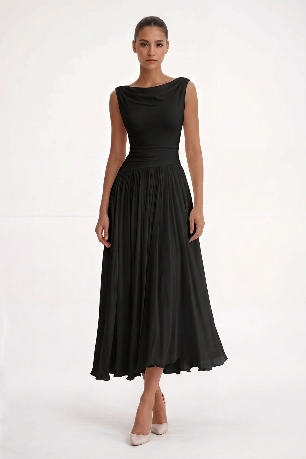 Phoebe Ruched Halter Midi Dress In Chiffon With Open Back