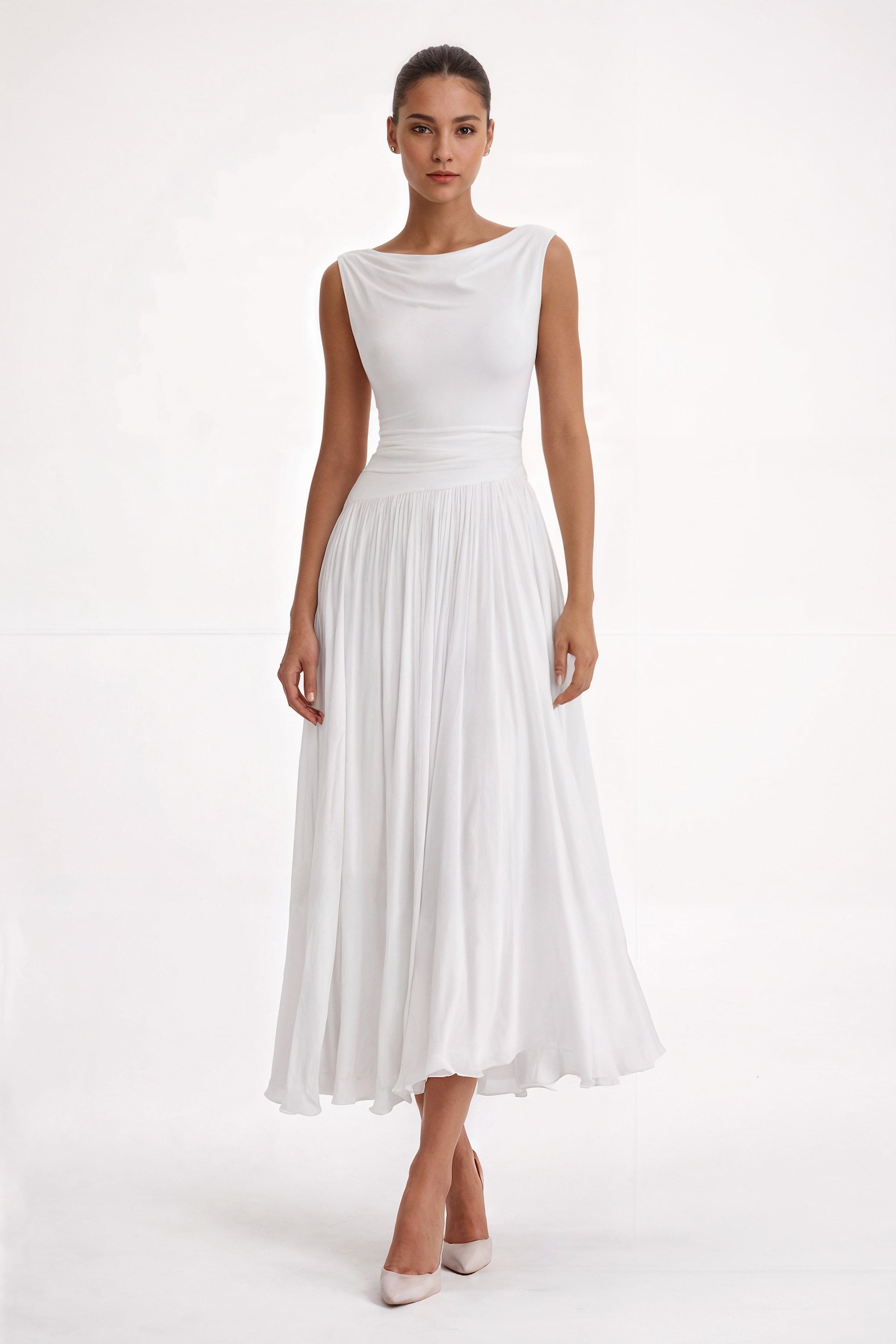 Phoebe Ruched Halter Midi Dress In Chiffon With Open Back
