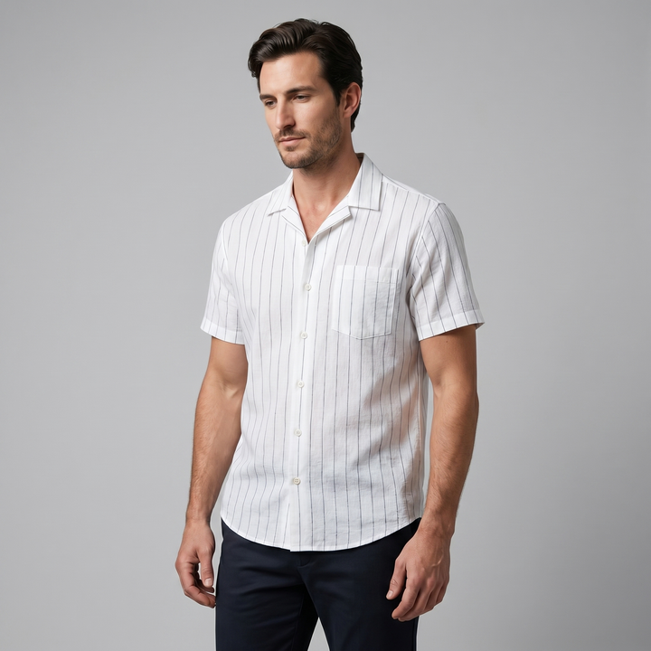 Men's Pinstripe Camp Shirt - Casual Short Sleeve Summer Button-Down