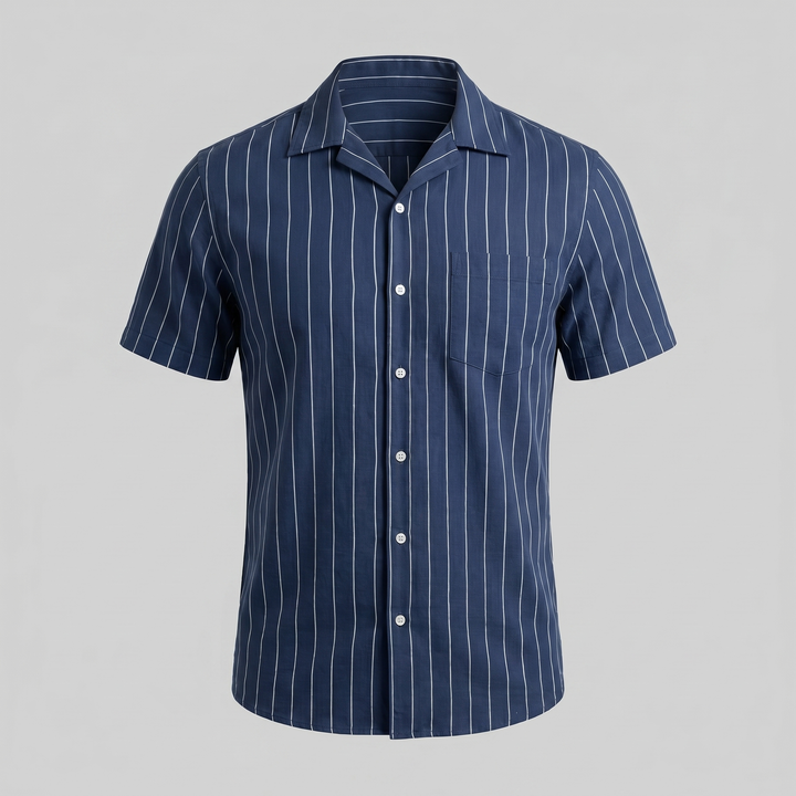 Men's Pinstripe Camp Shirt - Casual Short Sleeve Summer Button-Down