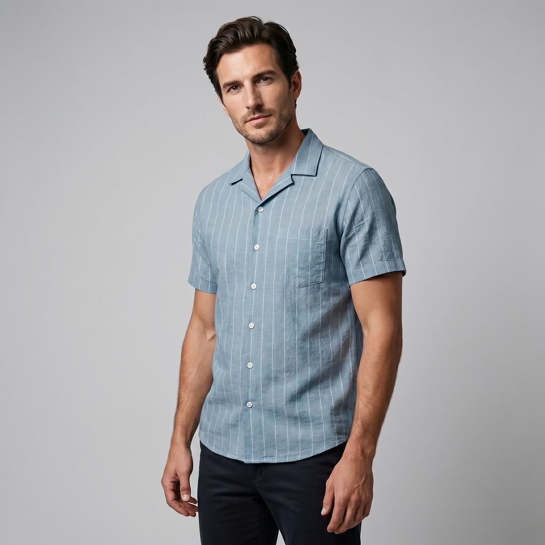 Men's Pinstripe Camp Shirt - Casual Short Sleeve Summer Button-Down