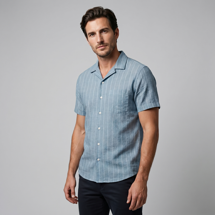 Men's Pinstripe Camp Shirt - Casual Short Sleeve Summer Button-Down