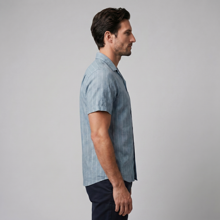 Men's Pinstripe Camp Shirt - Casual Short Sleeve Summer Button-Down