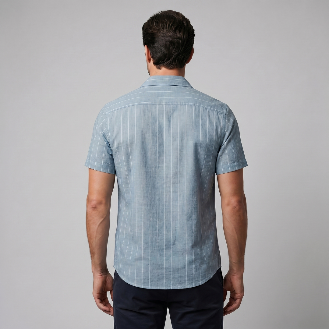 Men's Pinstripe Camp Shirt - Casual Short Sleeve Summer Button-Down