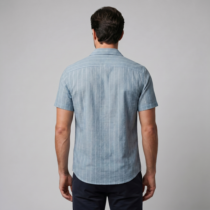 Men's Pinstripe Camp Shirt - Casual Short Sleeve Summer Button-Down