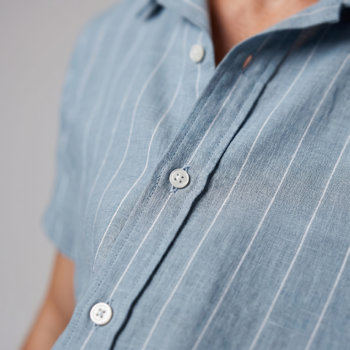 Men's Pinstripe Camp Shirt - Casual Short Sleeve Summer Button-Down