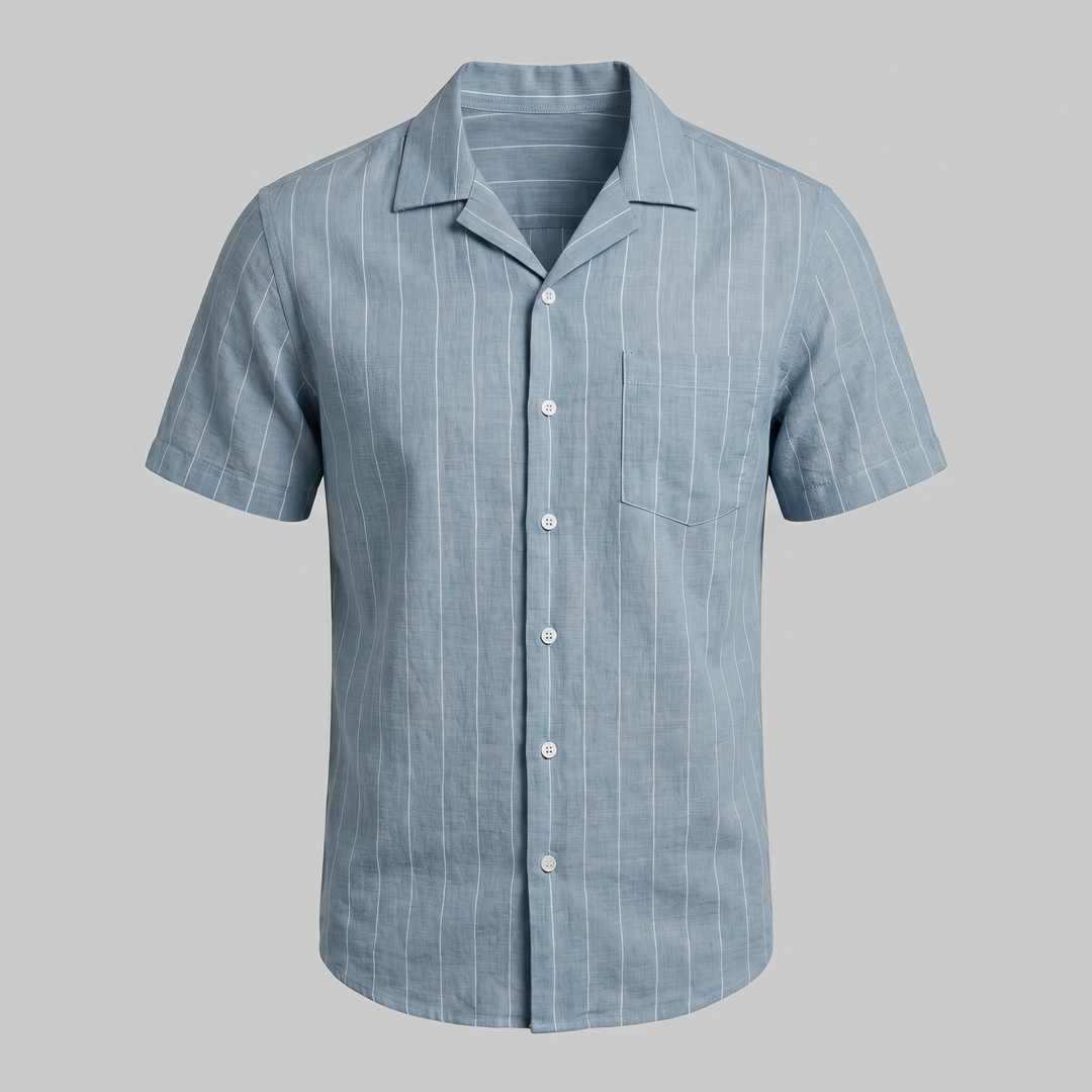 Men's Pinstripe Camp Shirt - Casual Short Sleeve Summer Button-Down