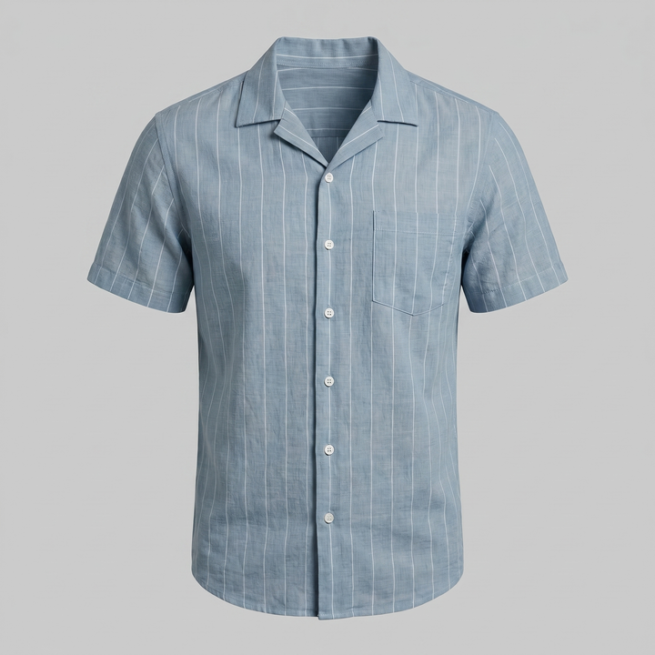 Men's Pinstripe Camp Shirt - Casual Short Sleeve Summer Button-Down