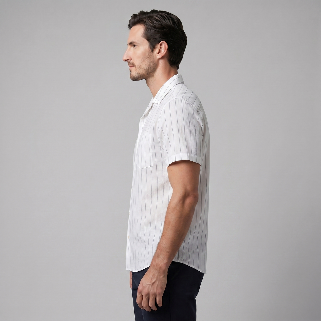 Men's Pinstripe Camp Shirt - Casual Short Sleeve Summer Button-Down