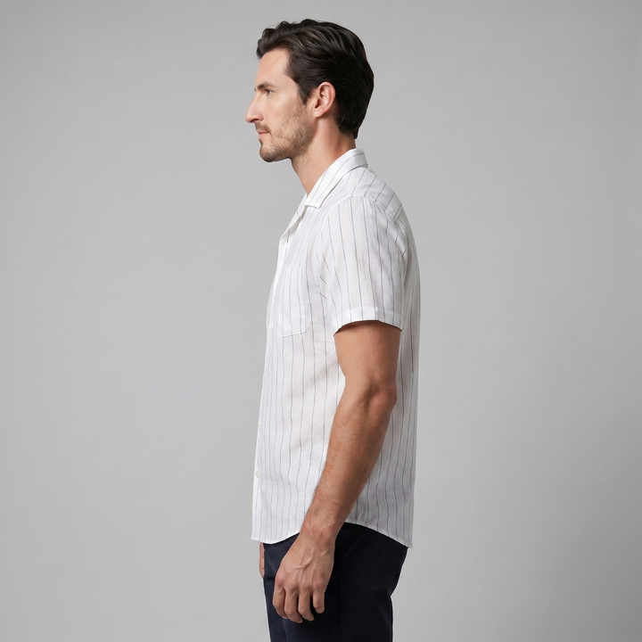 Men's Pinstripe Camp Shirt - Casual Short Sleeve Summer Button-Down