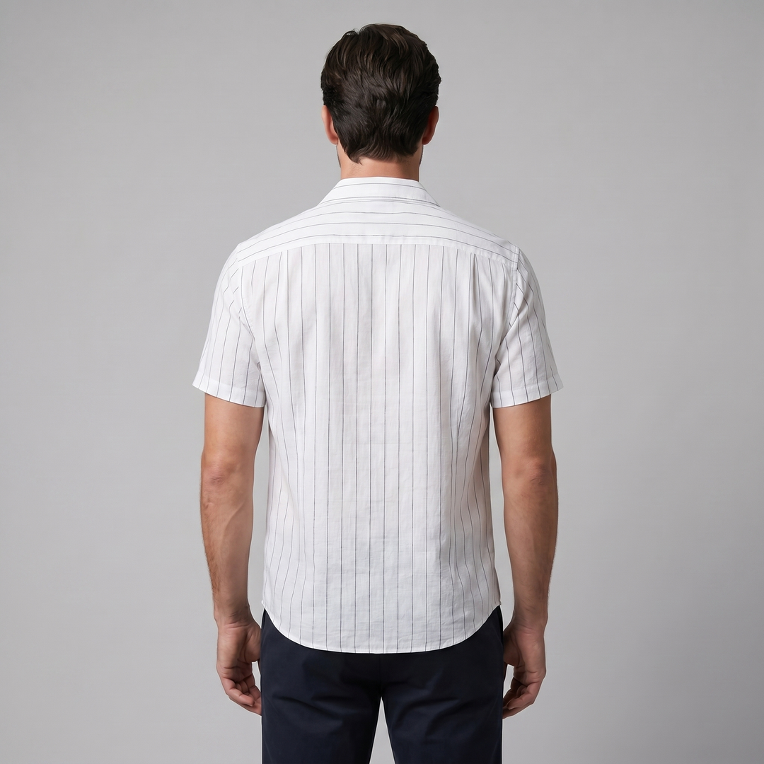 Men's Pinstripe Camp Shirt - Casual Short Sleeve Summer Button-Down